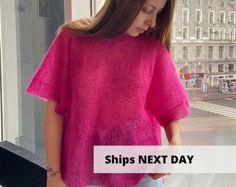 Fuchsia mohair summer top with shiny lurex, Hand knit loose fit women tank top, Bright hot pink oversized tshirt, Translucent magenta tee