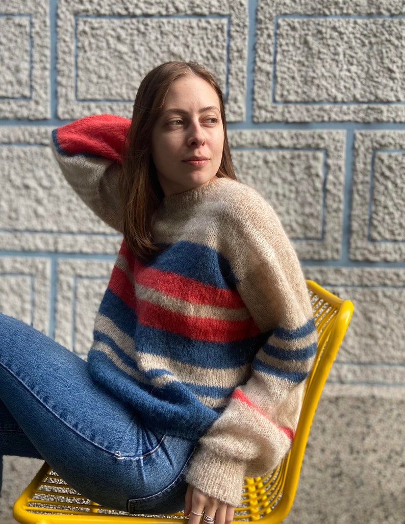 Oversized striped alpaca wool sweater with mismatched sleeves, Hand knit womens sweater, Bright winter pullover, Colorful fall jumper image 4