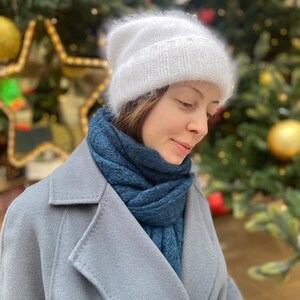 Navy blue angora beanie, Fluffy cuffed wool beanie hat, Hand knit women wool hat, Thick rolled brim winter hat, Elegant fuzzy hat for her White