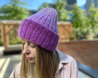 Lilac gradient womens hat ONE SIZE, Purple ski hat, Ribbed mohair wool hat, Hand knit beanie hat, Women winter hat, Thick double cuff beanie