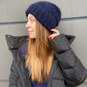 Navy blue angora beanie, Fluffy cuffed wool beanie hat, Hand knit women wool hat, Thick rolled brim winter hat, Elegant fuzzy hat for her image 3