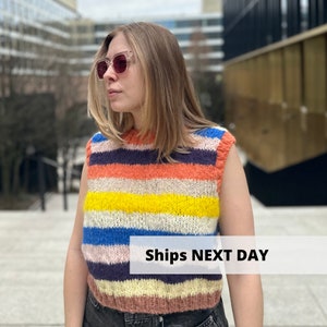 Striped hippie sweater vest, Short alpaca knit vest, Hand knitted bright wool vest, Colorful sleeveless vest women, Loose fit cropped vest