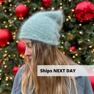 Teal angora wool hat, Hand knit pastel wool beanie, Warm winter hat, Fuzzy hat, Slouchy beanie, Fall women hat, MANY COLORS in stock