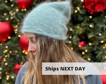 Teal angora wollen hoed, Hand gebreide pastel wollen muts, Warme winterhoed, Fuzzy hoed, Slouchy muts, Herfst vrouwenhoed, VELE KLEUREN op voorraad