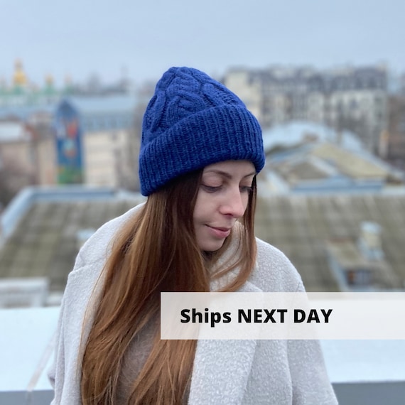 Denim Blue Alpaca Hat, Navy Blue Hand Knit Hat, Цinter Wool  display picture 3