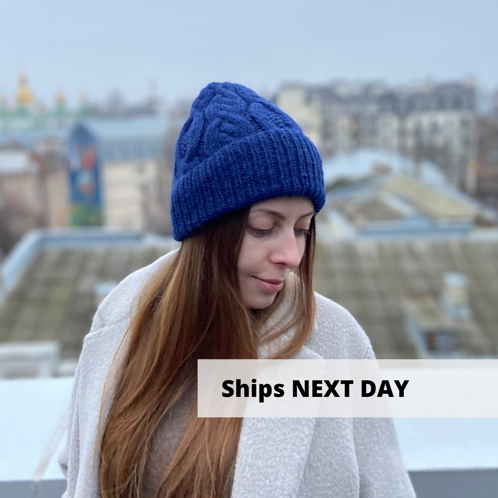 Denim Blue Alpaca Hat, Navy Blue Hand Knit Hat, Цinter Wool  display picture 1