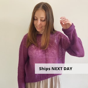 Light purple mesh mohair sweater M size, Hand knit geometrical wool sweater, Eggplant oversize sheer sweater, Bright womens sweater
