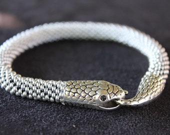 Crochet Beaded Snake Bracelet, Silver Reptile Jewelry