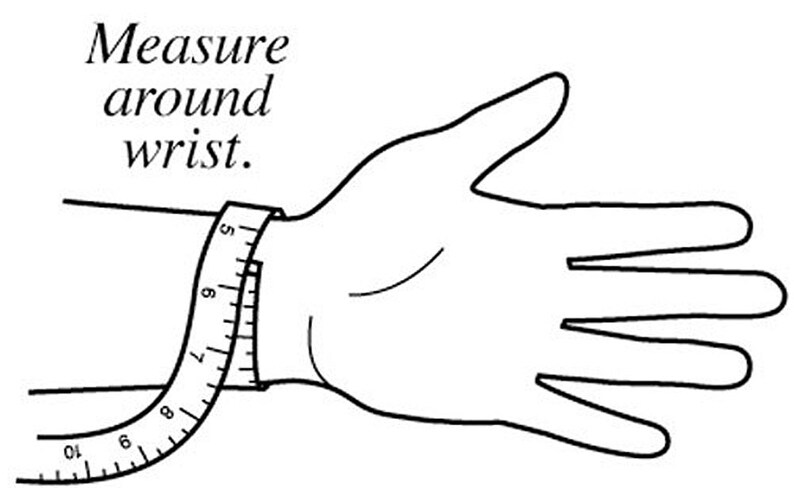 May include: Line drawing showing a hand with a measuring tape wrapped around the wrist. The text "Measure around wrist" is above the hand. The tape shows measurements in inches, indicating how to measure for a bracelet or watch.