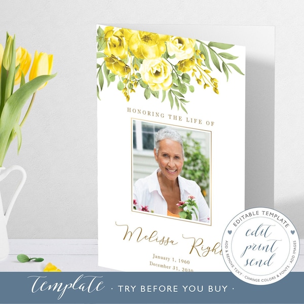 Yellow roses Funeral Program Template, Celebration of life floral program, Memorial Program for woman, Order of Service, Obituary - FF32