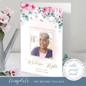 Pink and white Funeral Program Template, Celebration of life floral program, Memorial Program, Order of Service,Obituary Program  - FF21
