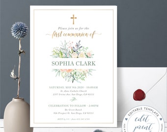 Pastel colors floral communion Invite for girl, Holy communion invitation template, Confirmation, Feminine communion invite - CF49