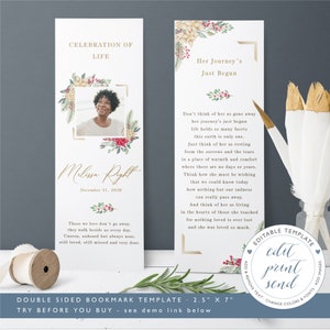 Marcapáginas para funeral Navidad editable, recuerdo para funeral, obvituario, celebración misa funeral, tarjeta floral para funeral - FF13