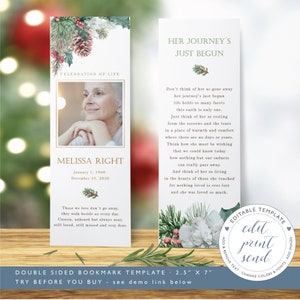 Christmas Memorial Service keepsake, Celebration of life floral bookmark, Memorial Card for Remembrance, Funeral favor card template  - FF6