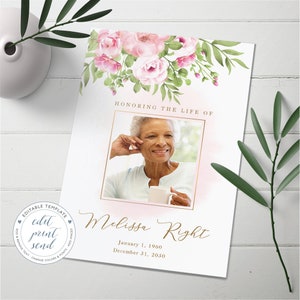 Funeral Program Template for woman, Pink roses Memorial Program, Obituary Template, Celebration of life program  - FF14