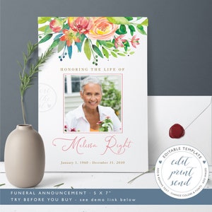 Invitation funéraire avec fleurs colorées modifiables, modèle funéraire, nécrologie, messe funéraire, carte florale pour funérailles - FF34