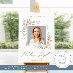 Puede incluir: Un cartel conmemorativo imprimible con un borde floral y un espacio para una foto. El texto dice "En memoria cariñosa" y "Melissa Right" con la fecha "31 de diciembre de 2030". El cartel es una plantilla editable con instrucciones para editar, imprimir y enviar.