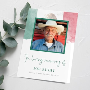 以下が含まれることがあります： 緑、白、赤の水彩画の背景を持つ追悼カード。カードには、カウボーイハットと青いシャツを着た男性の写真が載っています。テキストには「ジョー・ライトを偲んで 1960年1月1日 2030年12月31日」とあります。