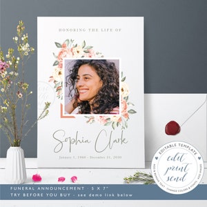 Roses funeral announcement, Printable memorial service invitation, editable floral funeral invite, Obituary invitation- FF3