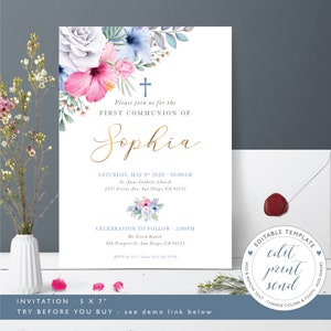 Hibiscus first communion invite template, Holy communion invitation for girl, Confirmation Invitation, Feminine communion invite - CF45