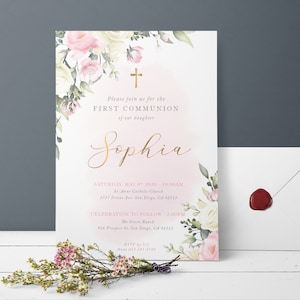 Pink blush First Communion Invite for Girl, Holy communion invitation, Confirmation announcement, Feminine communion invite template - CF62