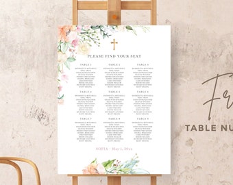May include: A printable wedding seating chart with a floral design and a cross. The chart lists the names of guests assigned to each table. The text reads "Please find your seat" and "Sofia May 1, 20xx".