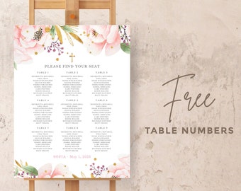 May include: A printable wedding seating chart with a floral design featuring pink flowers, gold accents, and green leaves. The chart is titled "Please Find Your Seat" and lists the names of guests assigned to each table. The text "Sofia May 1, 2013" is at the bottom of the chart.