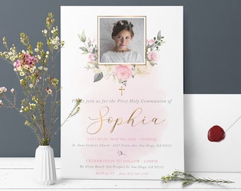 First Communion Invitation with photo and pink flowers, Holy communion invite template, Confirmation announcement, communion invite - CF62