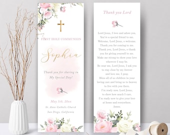 Pink blush flowers First Communion bookmark, communion prayer card template, Printable First Communion Favor, Personalized Bookmark - CF62