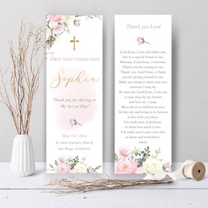 Marque-page communion éditable pour fille aux fleurs roses, souvenir de communion, cadeau première communion - CF62