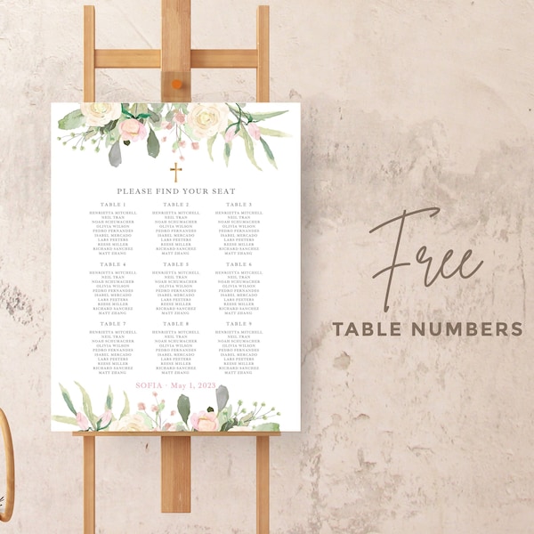 Ivory First Holy Communion seating chart template, editable seat chart for girl, free printable table cards, find your seat - CF43