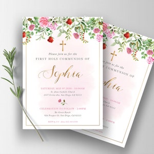 Invitacion de primera comunion niña con rosas, plantilla invitacion confirmacion, tarjeta primera comunión femenina - CF71