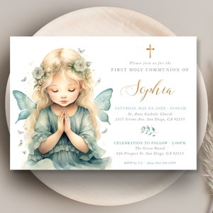 Invito modificabile per la prima comunione di una ragazza con illustrazione di una ragazza che prega, invito alla comunione femminile - CP1
