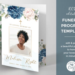 Funeral Program Template with blue roses, Celebration of life floral program, Memorial Program, Order of Service, Obituary - FF44