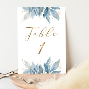 Tarjetas con numero de mesa para celebración de primera comunión de niño, decoración para mesa de comunión imprimible, ramas azules - CF69