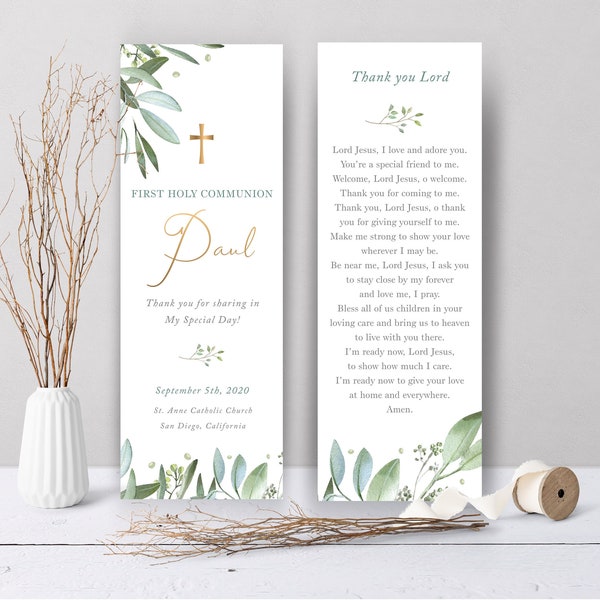 Olive branches First Communion bookmark, communion prayer card template, Printable First Communion Favor, Personalized Bookmark - CF68