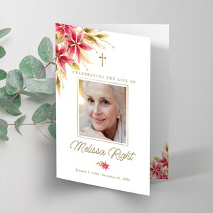 Poinsettia Funeral Program Template, Celebration of life program, Christmas Memorial for woman, Order of Service, Obituary Program  - FF43