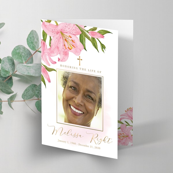 Pink Lilly Funeral Program Template, Celebration of life floral program, Memorial Program for woman, Order of Service, Obituary - FF52