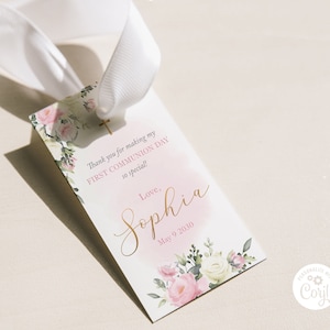 Carte cadeau modifiable pour fleurs première communion fille, confirmation, invitation communion bleu et or, invitation communion féminine - CF62