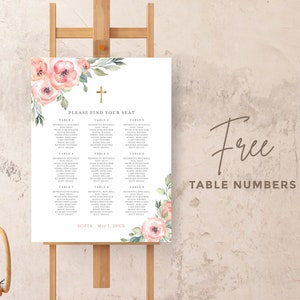 Plantilla organizacion de mesas para primera comunion para niña, tarjetas con numero de mesa florales rosas - CF40