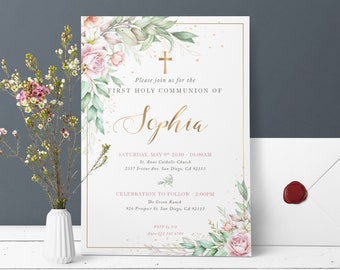 Pink floral First Communion Invitation for girl, Holy communion invite template, Confirmation announcement, communion invite - CF72