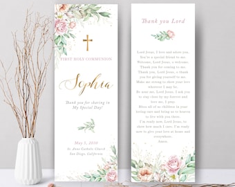 Pink roses First Communion bookmark, communion prayer card template, Printable First Communion Favor, Personalized Bookmark - CF72