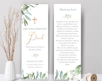 Olive branches First Communion bookmark, communion prayer card template, Printable First Communion Favor, Personalized Bookmark - CF68