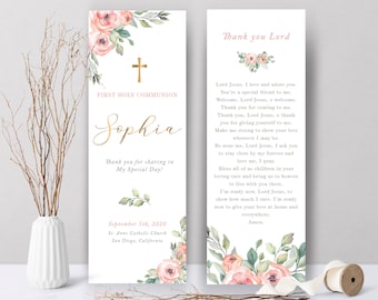 Pink roses First Communion bookmark, communion prayer card template, Printable First Communion Favor, Personalized Bookmark - CF40