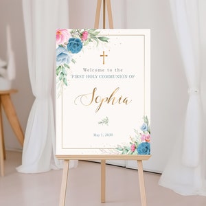 Cartel bienvenida comunion con flores rosas y azules, plantilla de cartel para confirmación, decoración comunión - CF73