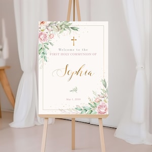 Cartel bienvenida comunion con flores rosas y verde, plantilla de cartel para confirmación, decoración comunión - CF72