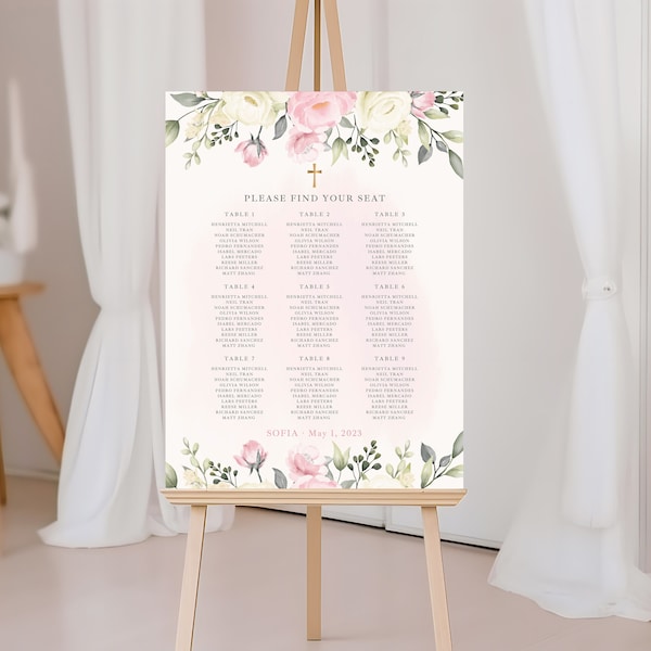 Pink blush First Holy Communion seating chart template, editable seat chart for girl, free printable table cards, find your seat - CF62