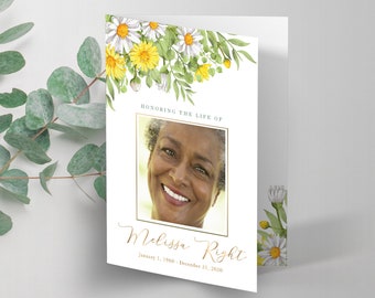 Funeral Program Template with daisies, Celebration of life floral program, Memorial Program, Order of Service, Obituary - FF51