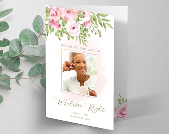 Pink roses Funeral Program Template, Celebration of life floral program, Memorial Program, Obituary Program template  - FF14