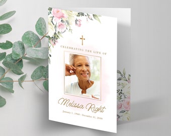 Funeral Program Template with pink and white roses, Celebration of life floral program, Memorial Program, Order of Service, Obituary - FF49
